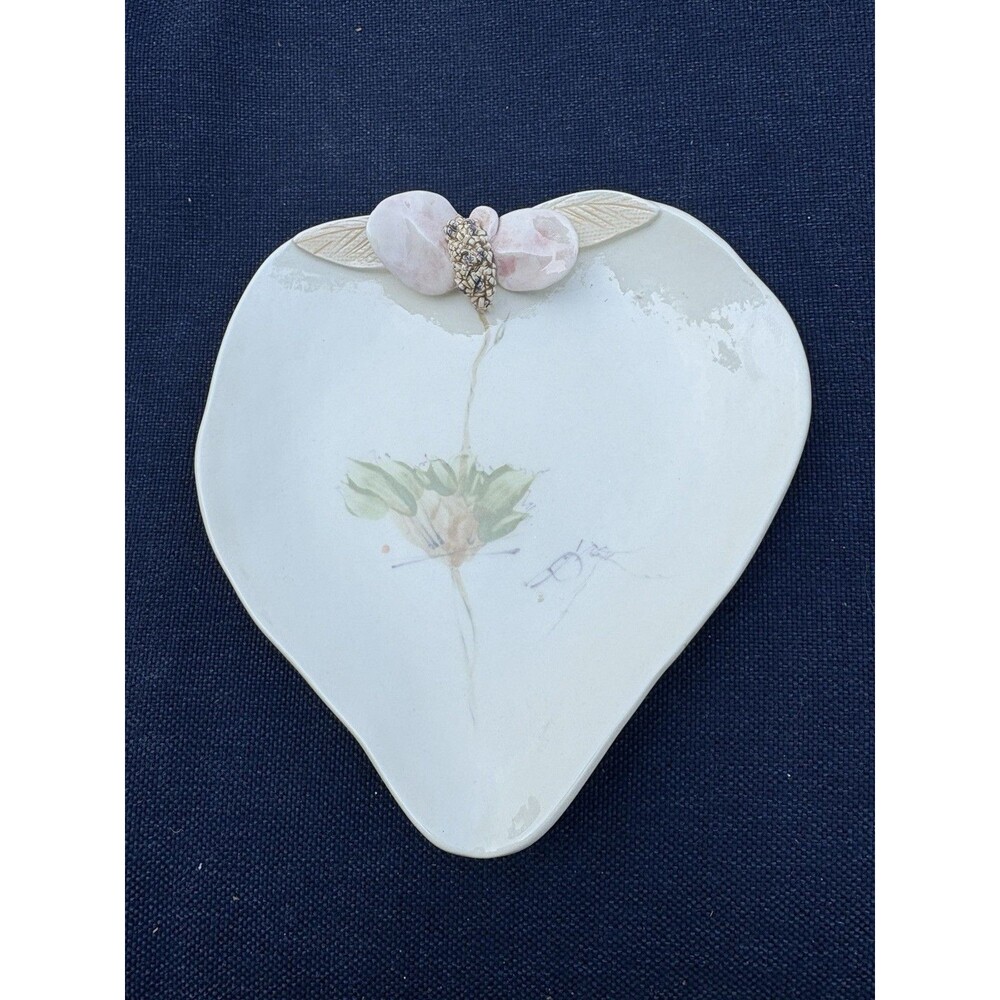 Vintage Heart Shaper Ceramic/ Porcelain Trinket Dish Sculpted Butterfly Signed